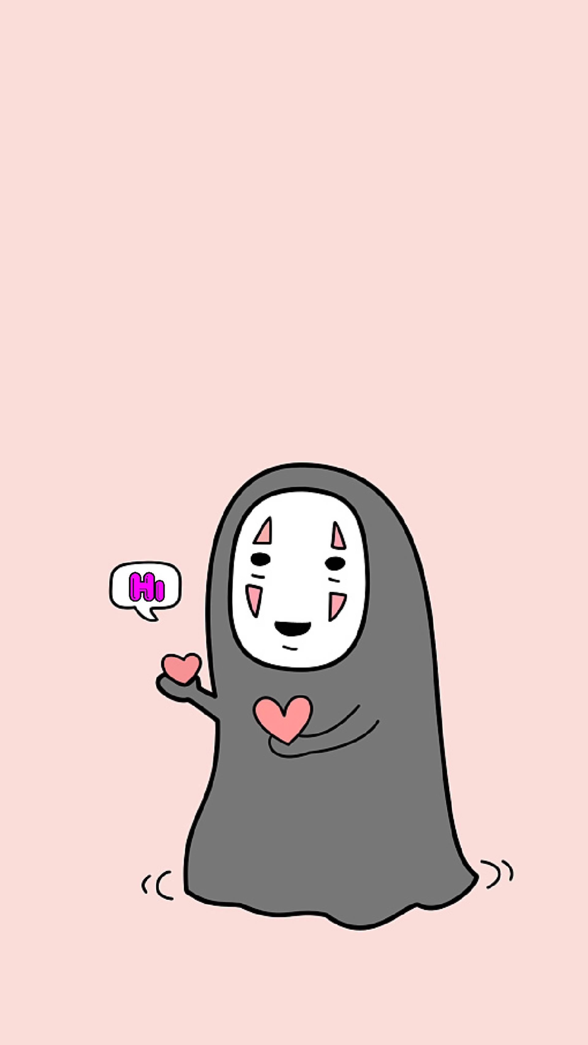 可愛 No-Face 藝術壁紙 壁紙 — 一個可愛的卡通無臉男角色拿著粉紅色心形，在柔和的粉紅色背景上說「嗨」。