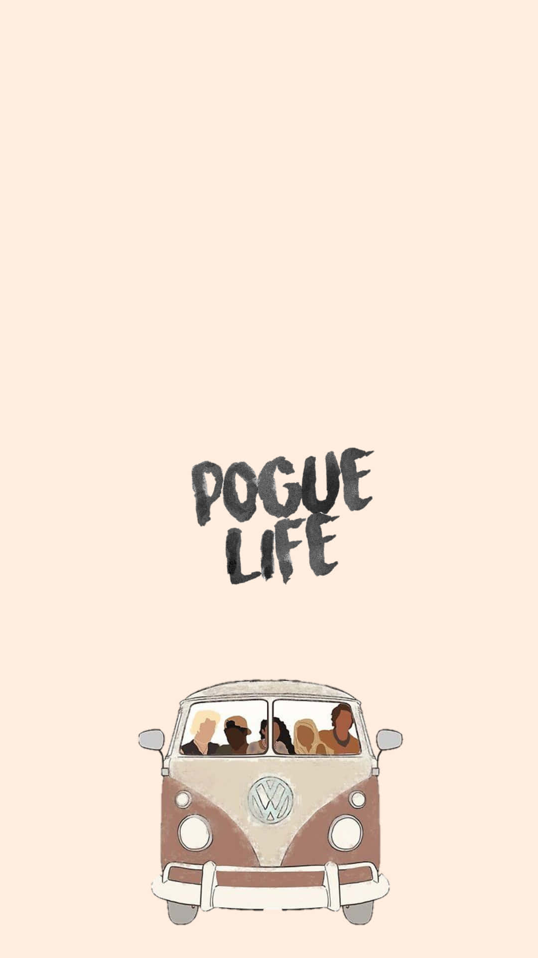 插圖風格的復古貨車，車上有人物，蜜桃色背景上寫有「POGUE LIFE」文字。