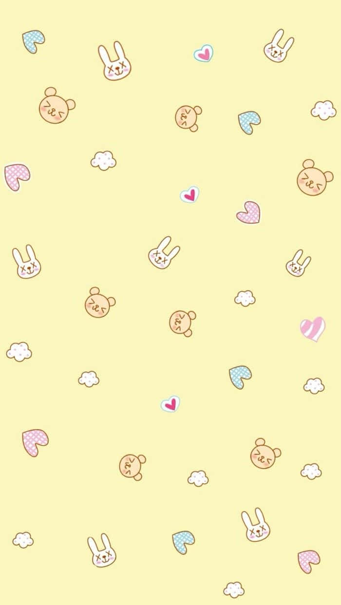 粉黃色背景上帶有可愛卡通兔仔、心形和雲朵的牆紙。 — 心形 壁紙