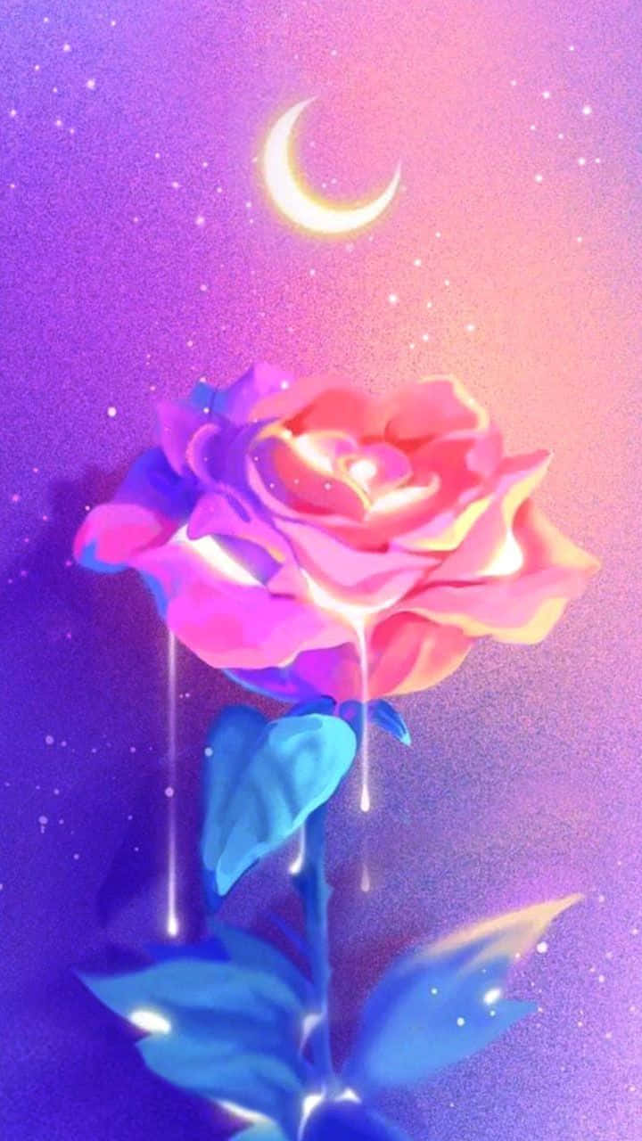 可愛 Pastel 星空玫瑰 壁紙 — 一朵發光的玫瑰，滴落的光芒在彎月下綻放，背景是繁星點點的紫色和粉紅色天空。