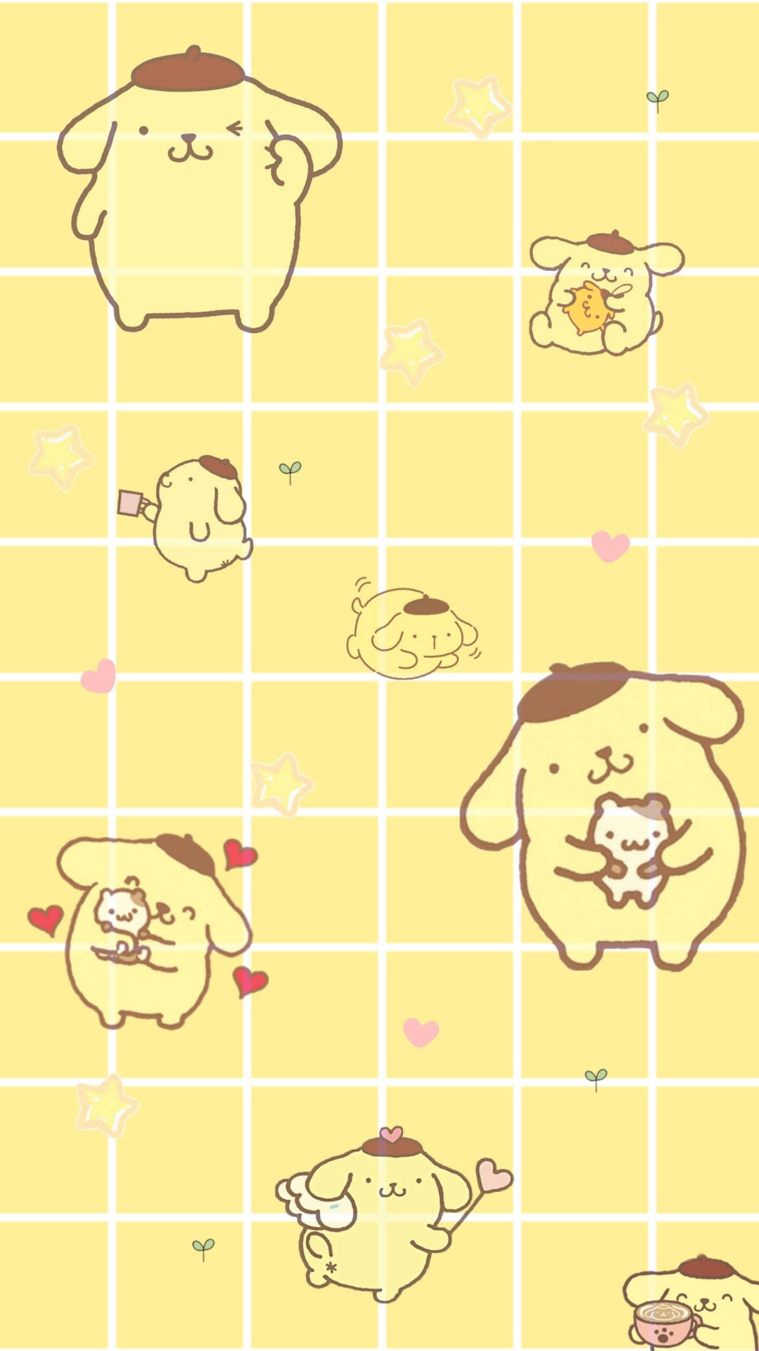 可愛的 Pusheen 角色漂浮在帶有心形和星星的黃色網格上。