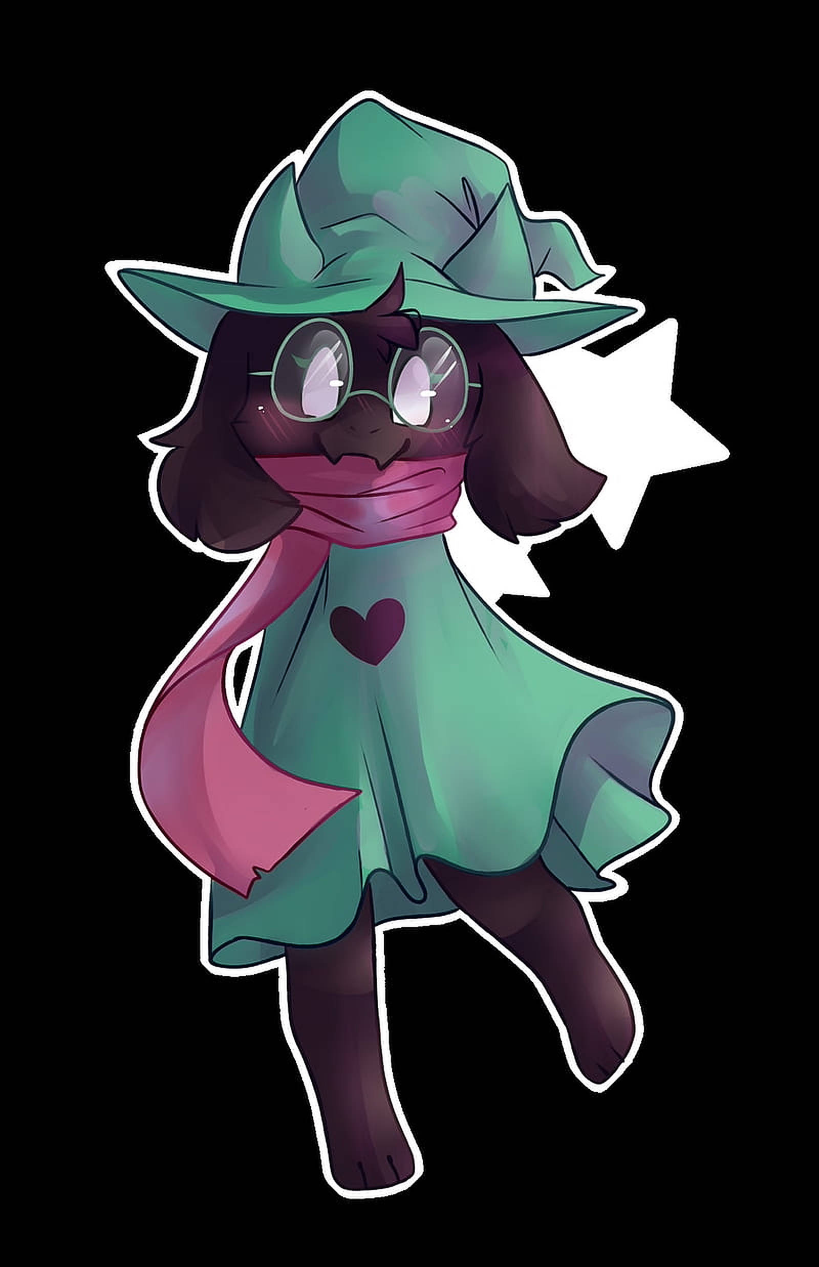 可愛 Ralsei 壁紙 — 一隻可愛的Q版狗角色，戴著綠色巫婆帽和粉紅色圍巾，在黑色背景上與一顆白色星星一起漂浮。