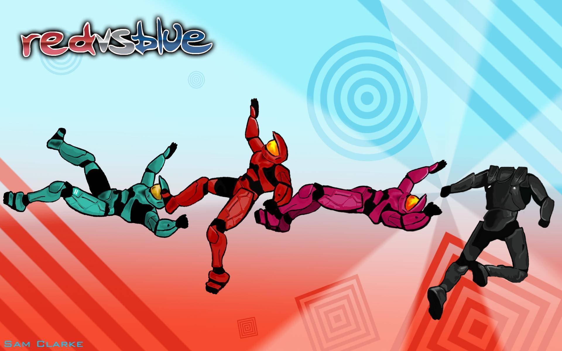 可愛《Red vs Blue》粉絲藝術 壁紙 — 四個風格化的動漫角色以動態姿勢呈現在充滿活力的紅色和藍色幾何背景前。