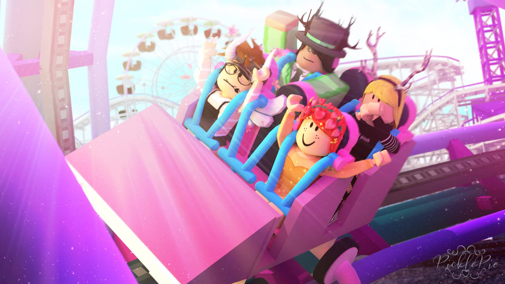 可愛 Roblox 最佳好友乘搭遊樂設施 壁紙 — 四個方塊卡通角色在充滿活力的遊樂園的紫色雲霄飛車上歡呼尖叫。