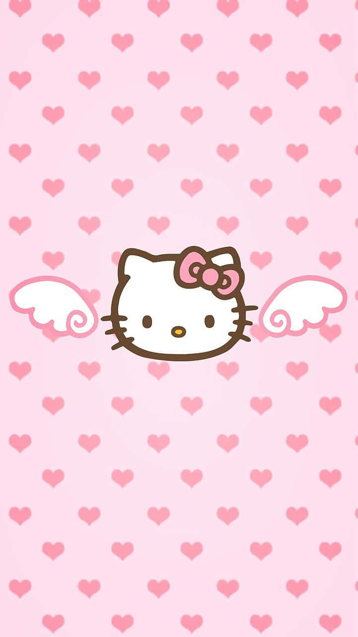 Hello Kitty 在粉紅色心形背景上長著天使翅膀。