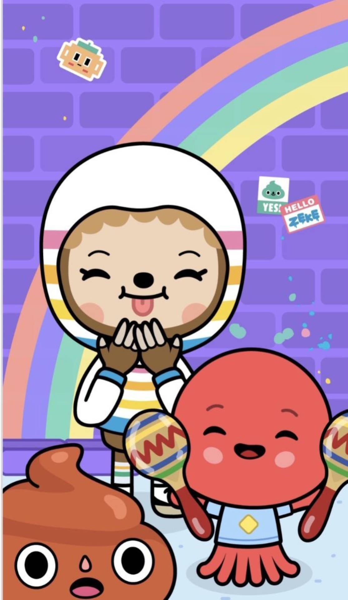 可愛 Toca Boca 寵物與趣味背景 壁紙 — 一個開心的卡通角色穿著彩虹條紋太空衣，雙手合十微笑，旁邊有一隻紅色章魚拿著沙槌，背景是紫色磚牆和彩虹。