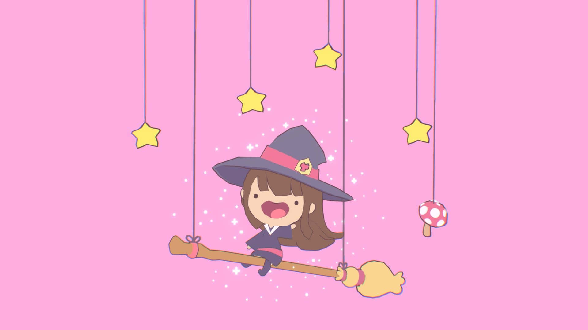 可愛《小魔女學園》Q版插畫 壁紙 — 一個開心的卡通女巫騎著掃帚懸浮在粉紅色的天空中，周圍有懸掛的星星和一個蘑菇。