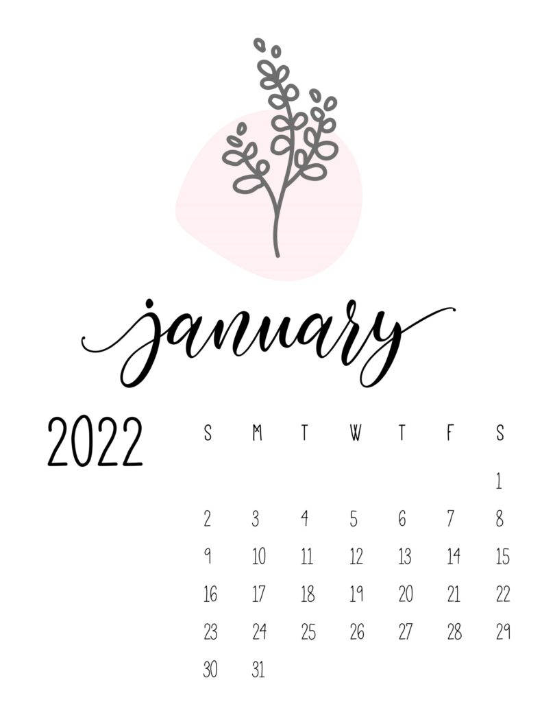 可愛2022年一月日曆 壁紙 — 簡約2022年1月日曆，精緻線條藝術葉片位於優雅草書文字上方，背景為純白。