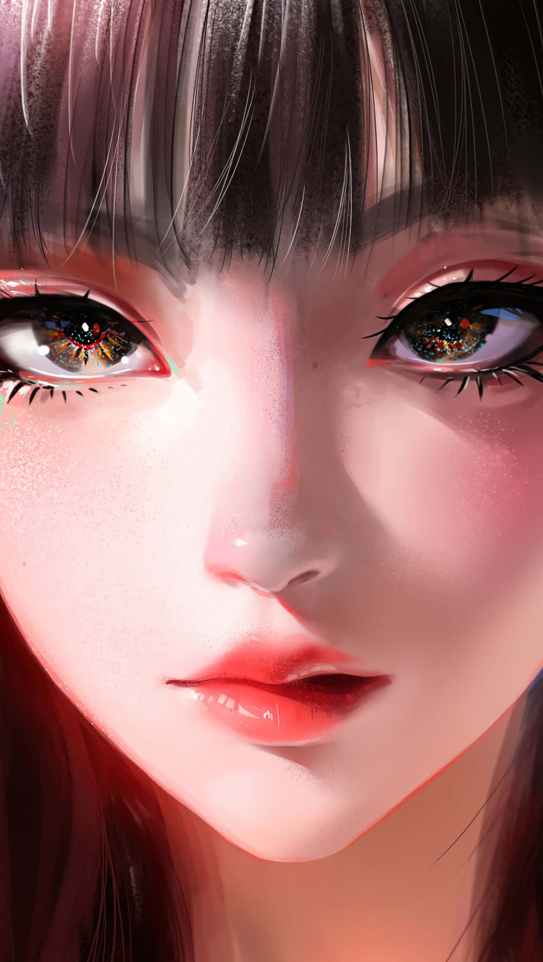 眼睛發光、臉上帶有粉紅色燈光的動漫女孩。