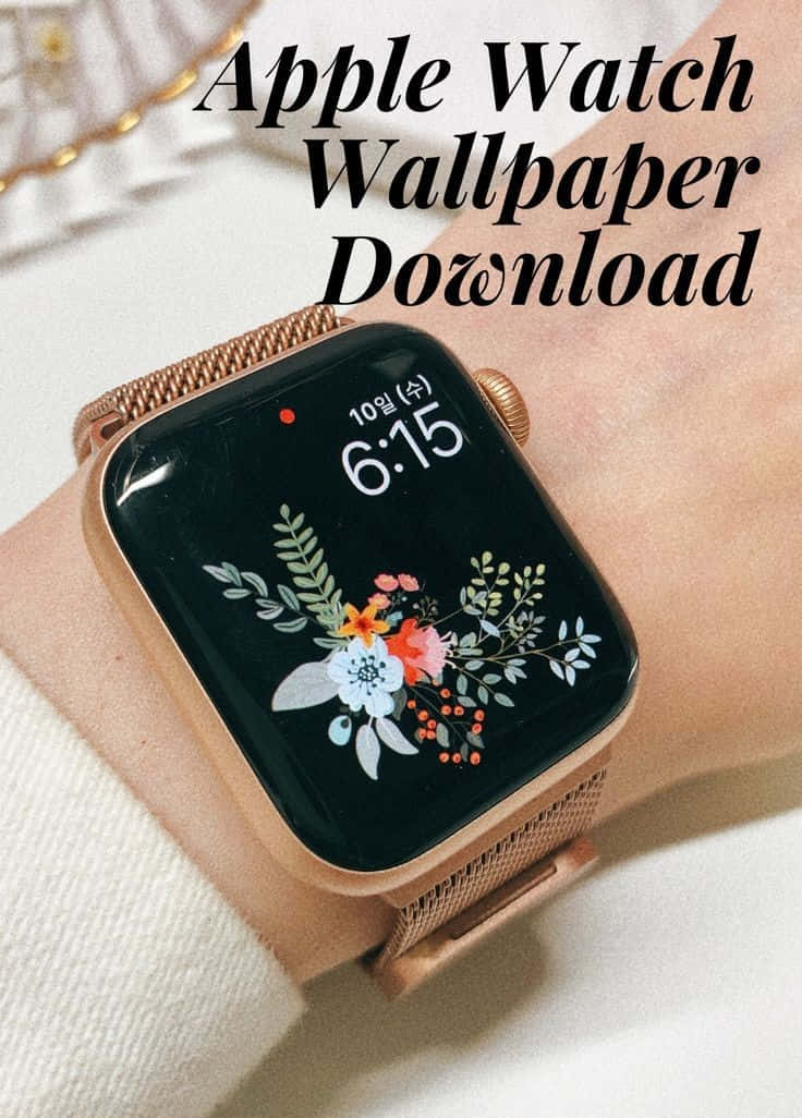 玫瑰金色Apple Watch特寫，手腕上顯示花卉牆紙。 — 蘋果 壁紙