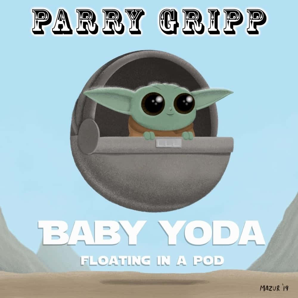 Baby Yoda 在沙漠景觀上方的漂浮莢艙中。 — 寶寶尤達 壁紙