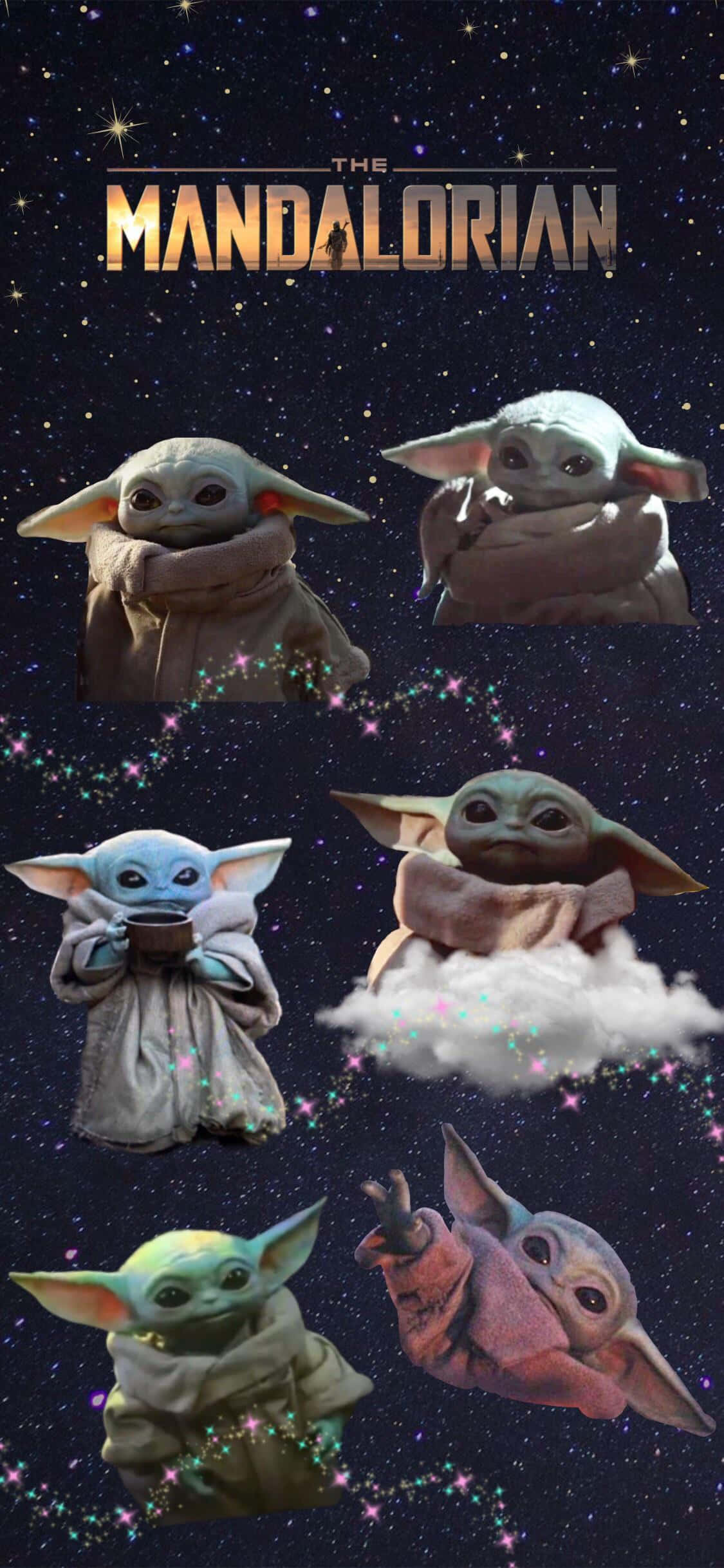 可愛Baby Yoda揮手道別 壁紙 — Baby Yoda 在星空宇宙中漂浮，穿著不同顏色的斗篷，拼貼畫中有「The Mandalorian」標題。