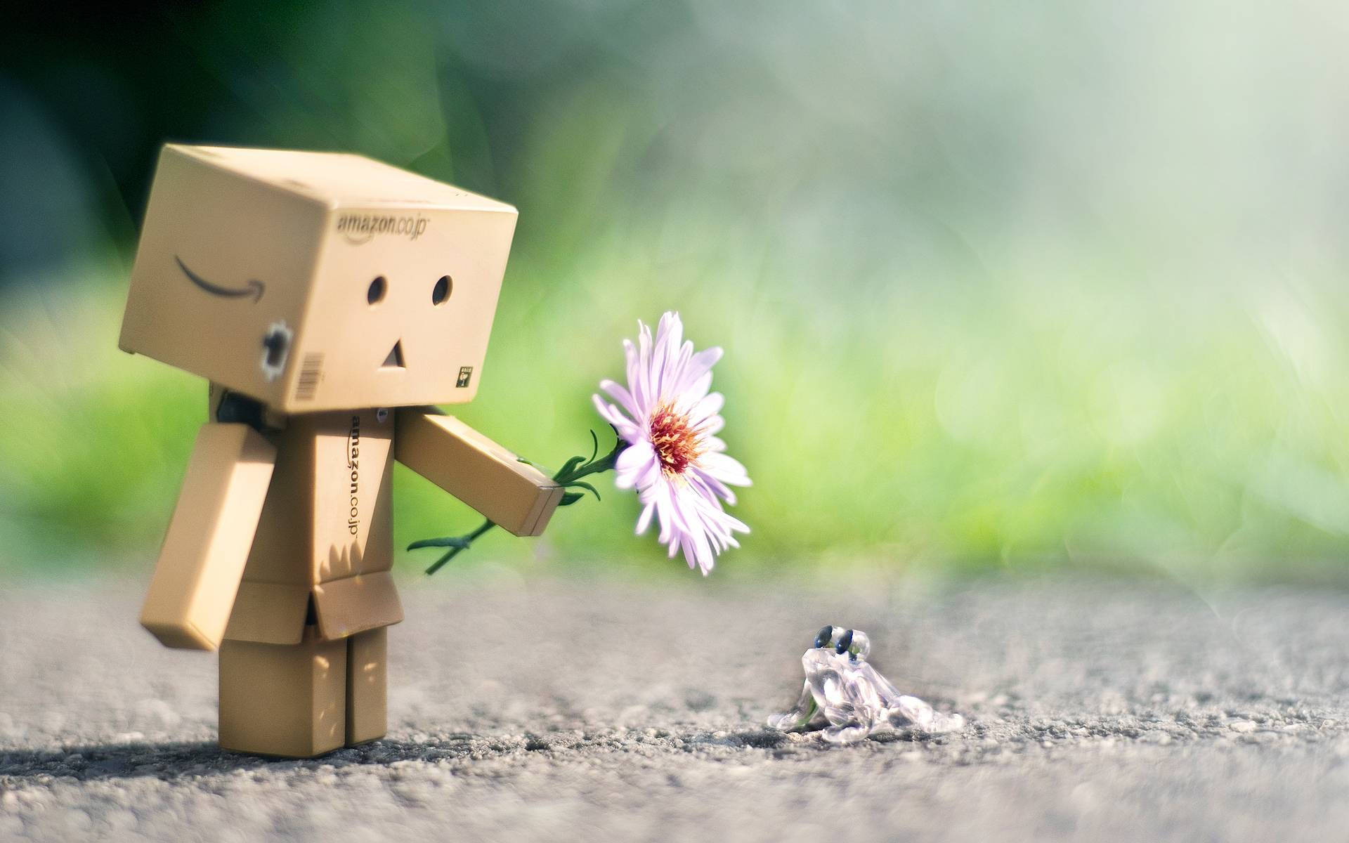 可愛Boxman贈花壁紙 壁紙 — 一個紙板Danbo公仔喺陽光普照嘅小徑上，溫柔咁遞上一朵紫色花俾一隻小青蛙。