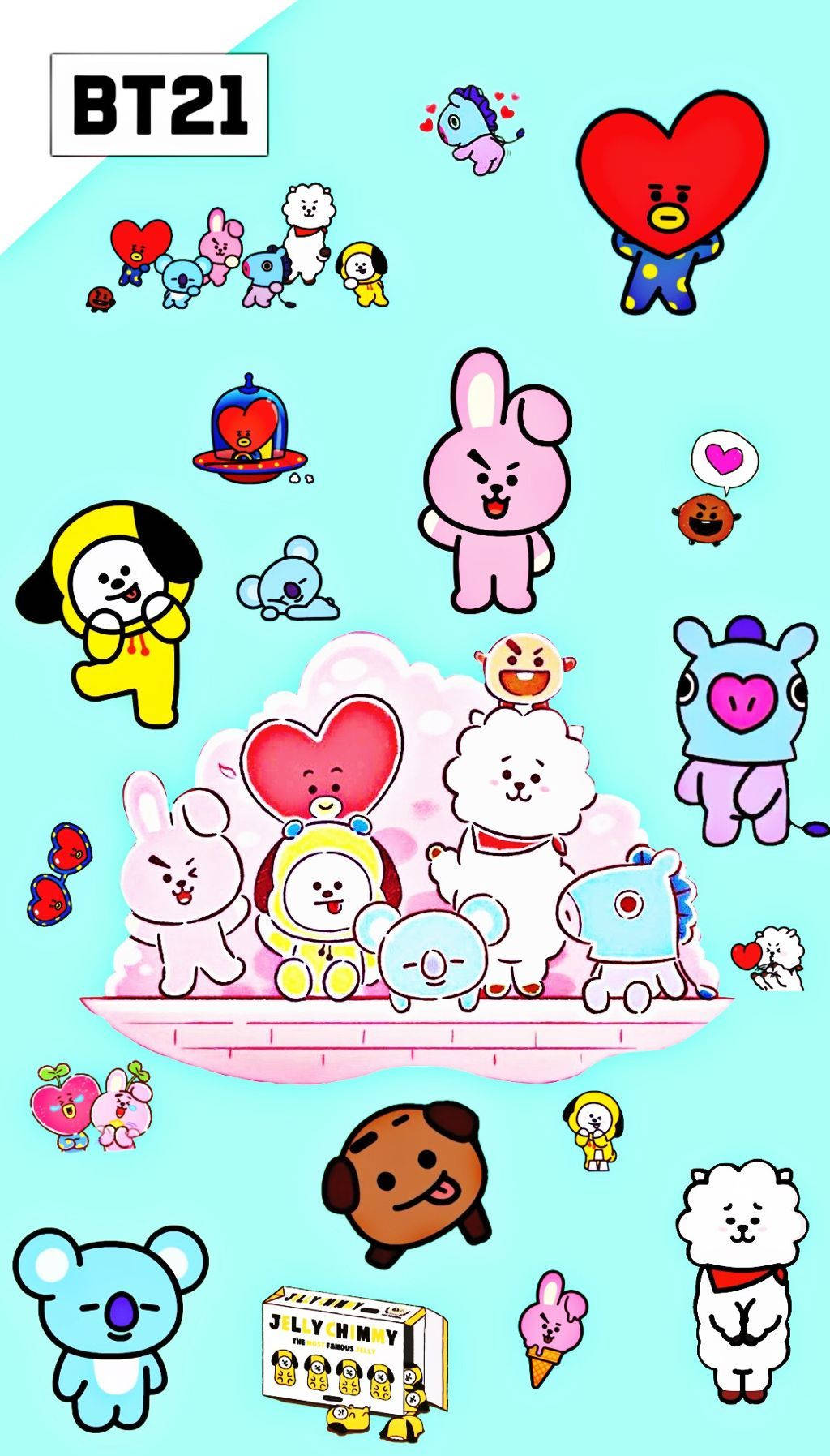 可愛BT21角色海報 壁紙 — 一張歡樂的BT21壁紙，所有9個卡通角色在淺藍色背景上俏皮地漂浮在粉紅色的雲朵上。