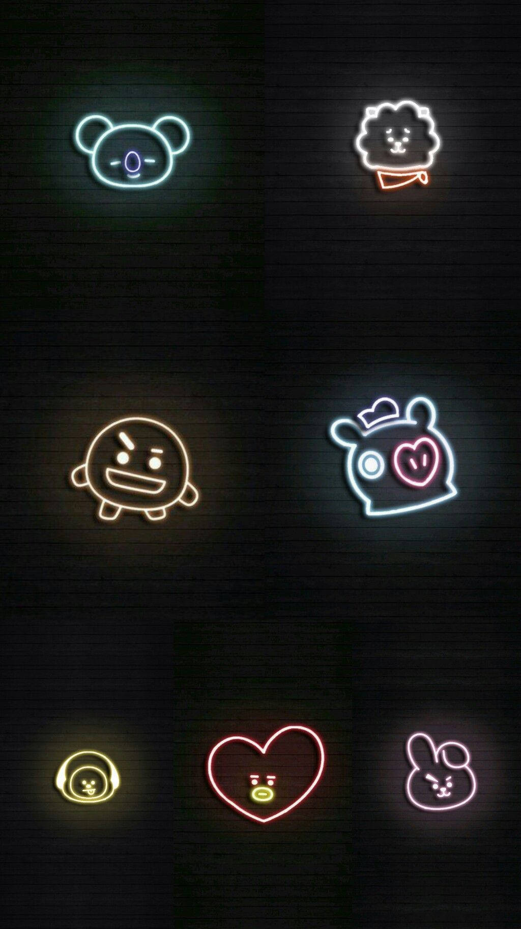 可愛BT21角色霓虹燈 壁紙 — 可愛卡通角色的鮮豔霓虹輪廓在深色磚牆上以網格佈局發光。