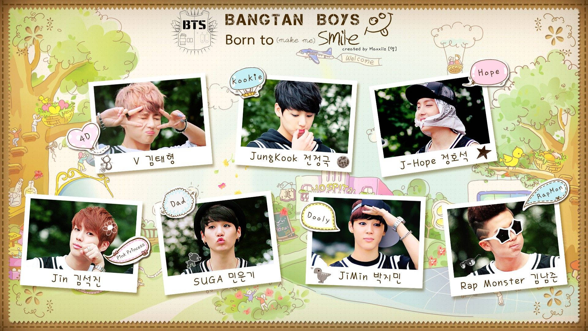 BTS 成員在相框中，背景是色彩繽紛的插圖。