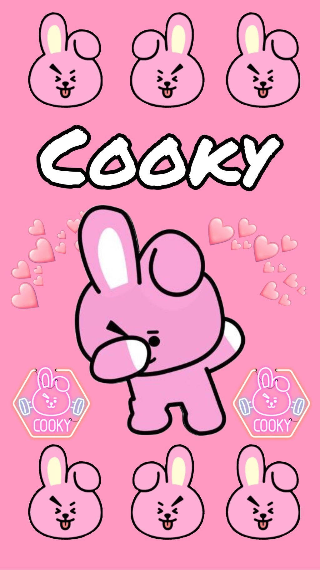 可愛Cooky BT21做出Dab動作 壁紙 — 一個名為Cooky的粉紅色卡通兔角色在純粉紅色背景上與心形和多個臉部圖示一起擺姿勢。