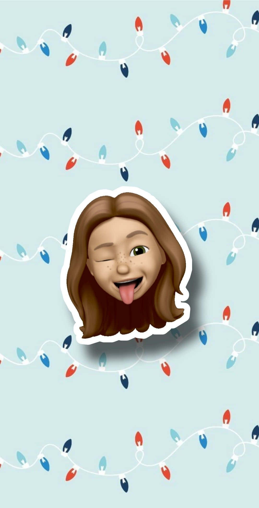 可愛Emoji女孩TikTok頭像 壁紙 — 一個開心的卡通女孩有雀斑，在淺藍色背景上眨眼並伸出舌頭，背景有紅色、藍色和白色的燈串。