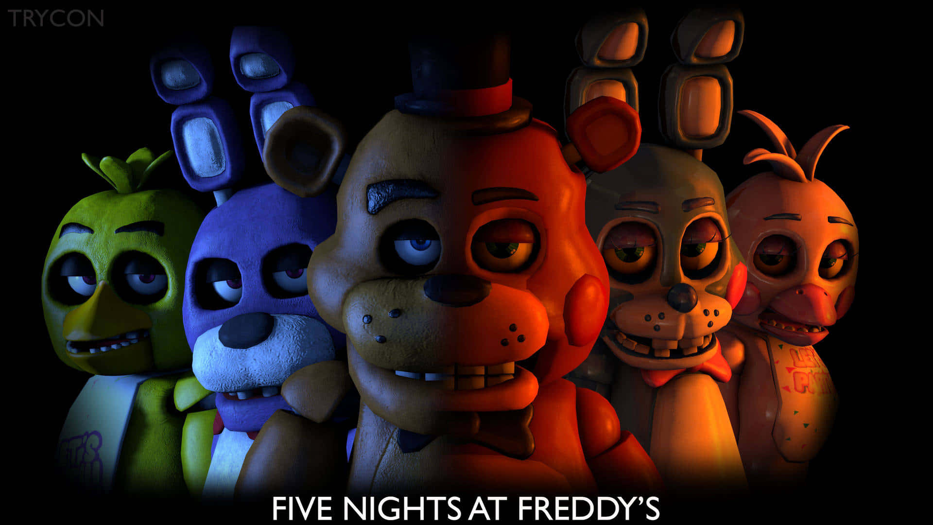 黑暗環境中的 Five Nights at Freddy's 五個電子動畫角色。