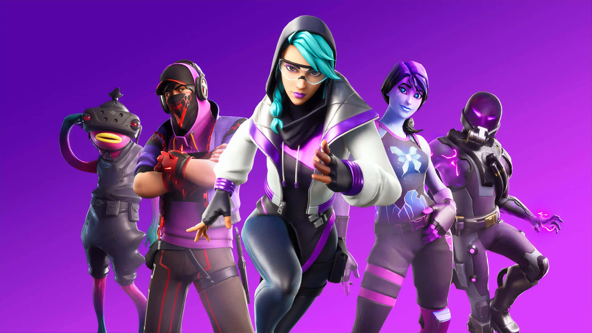 五個 Fortnite 角色穿著發光的未來裝備，在紫色背景前擺姿勢。