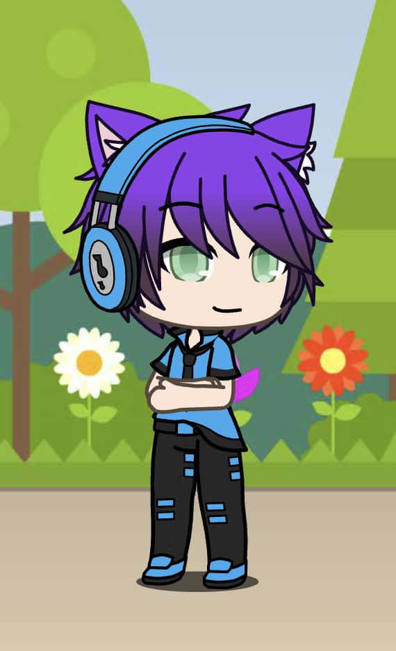 可愛Gacha Life男孩沉浸虛擬動漫世界 壁紙 — 一個紫色頭髮和貓耳嘅chibi動漫角色自信地企喺公園，戴住藍色耳機同藍色衫。