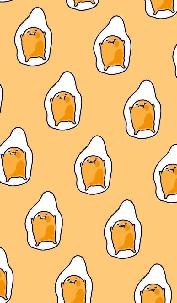 可愛Gudetama美學印刷圖 壁紙 — 在溫暖的橙色背景上，重複的可愛卡通 gudetama 角色圖案，位於煎蛋白內。