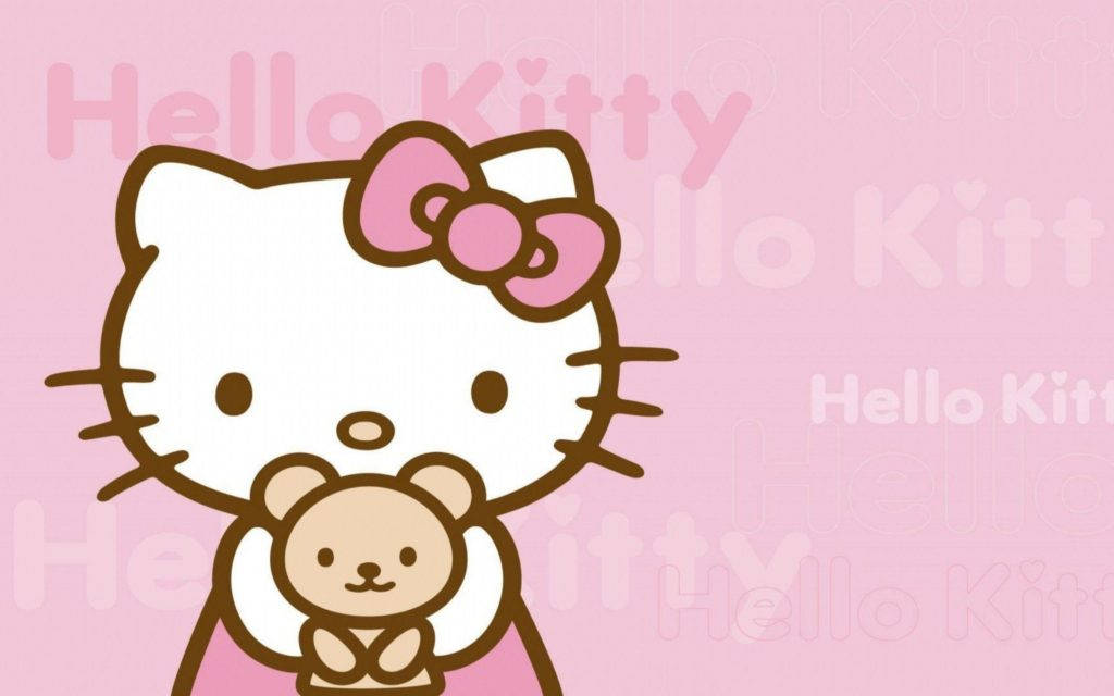可愛Hello Kitty安卓平板 壁紙 — Hello Kitty 喺粉紅色背景上抱住一隻泰迪熊，背景有重複嘅 Hello Kitty 文字。