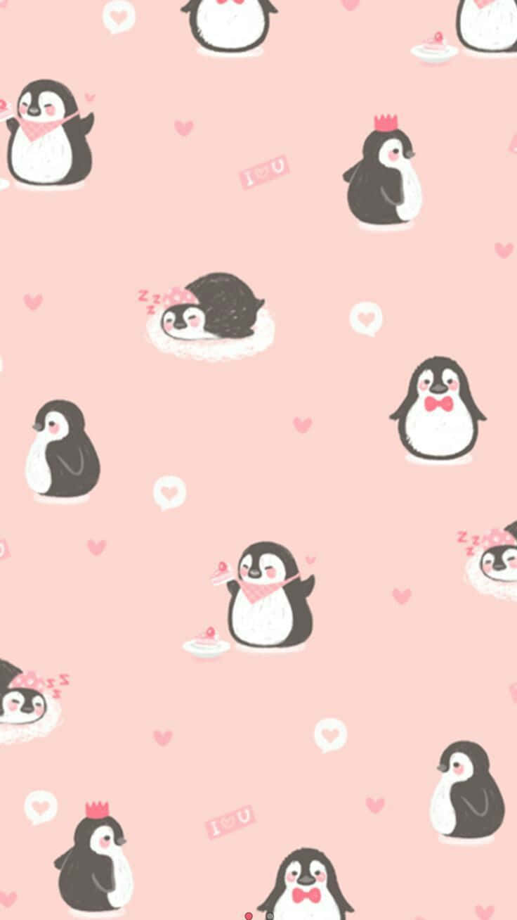 可愛Kawaii iPad 壁紙 — 可愛的卡通企鵝以愛情主題姿勢漂浮在柔和的粉紅色背景上，配有心形和「I U」便條。
