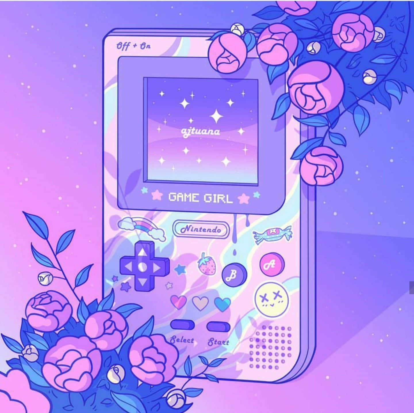 可愛Kawaii動物 壁紙 — 一部粉紫色Game Boy，飾有粉紅玫瑰和糖果貼紙，背景是星空漸變。