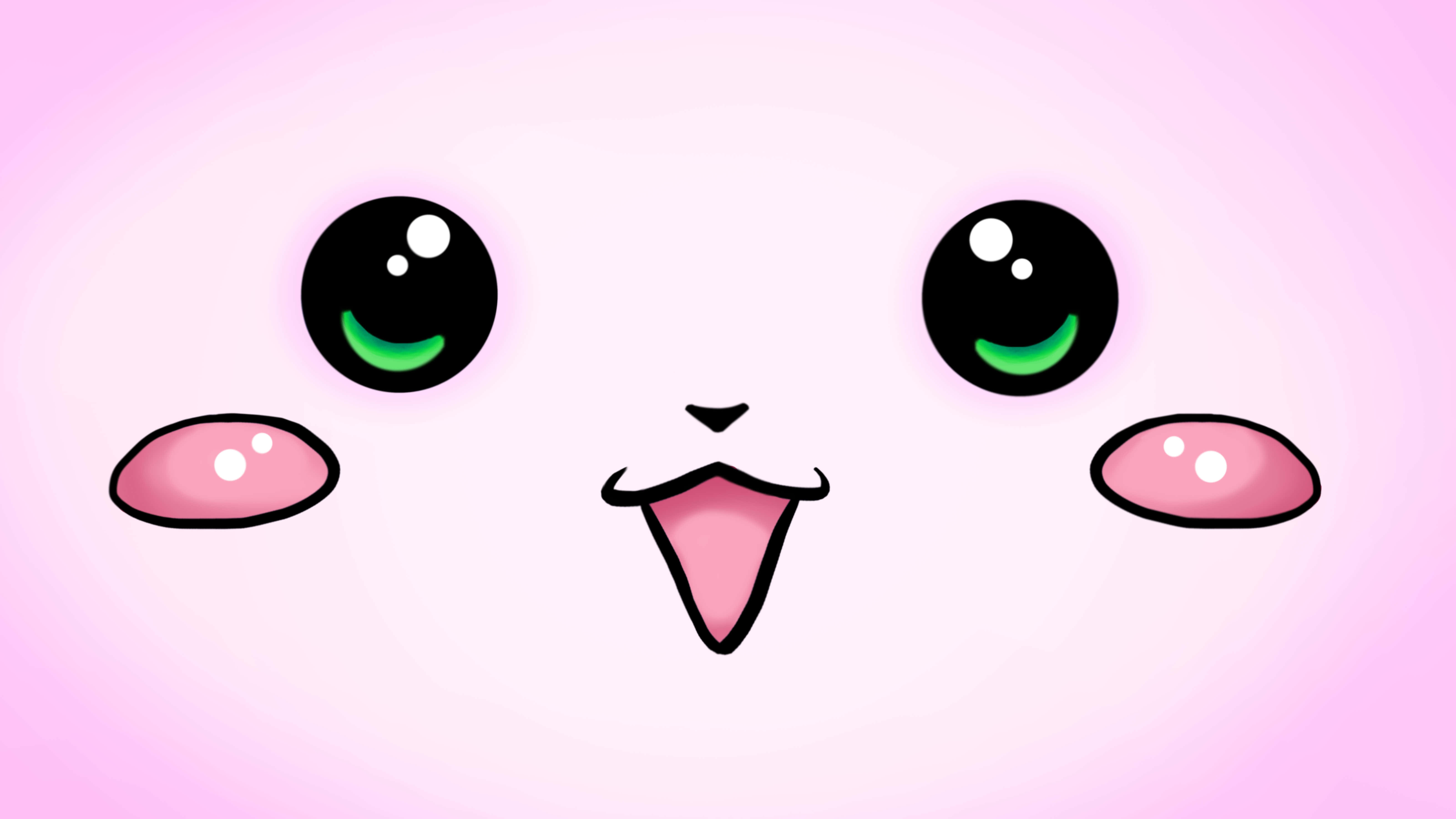 可愛Kawaii小動物最愛悠閒躺平 壁紙 — 一個可愛的卡通生物，有大黑眼睛、綠色瞳孔、粉紅臉頰和伸出舌頭，在柔和的粉紅色背景上。