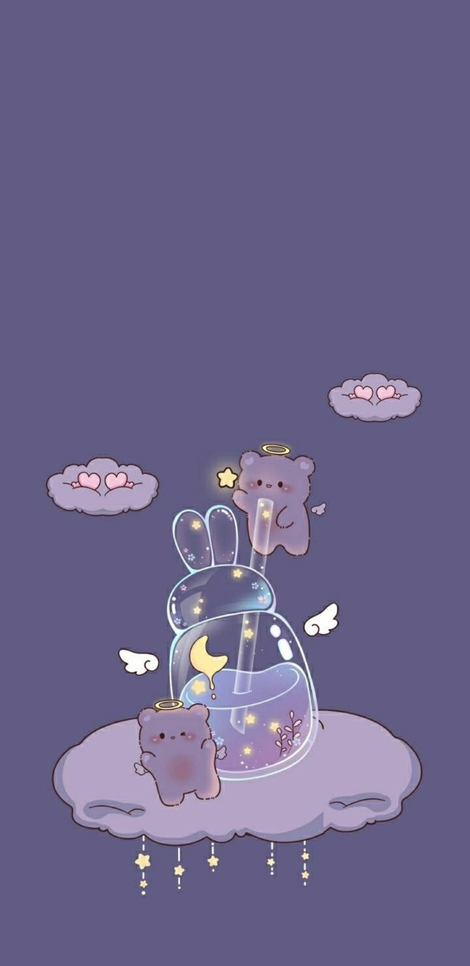 兩隻天使小熊漂浮在雲端上一個星光閃爍的瓶子附近。