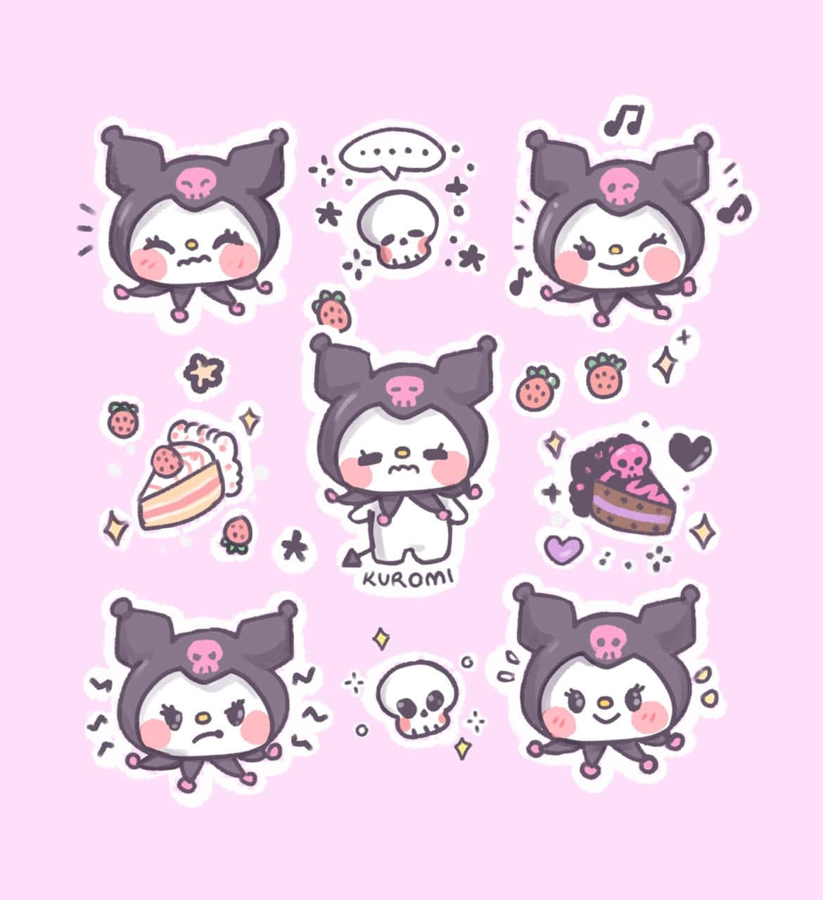 Kuromi Fanart 桌布 壁紙 — 可愛Kuromi貼紙，帶有骷髏圖案和草莓甜品，背景為柔和粉紅色。