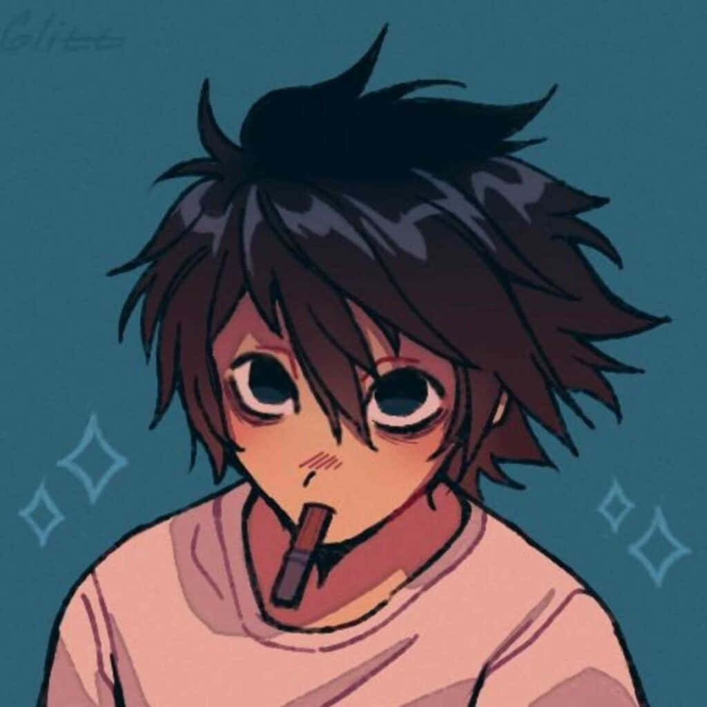刺蝟頭動漫男孩拿著巧克力棒貼在嘴唇上，背景是帶有閃光的青色。