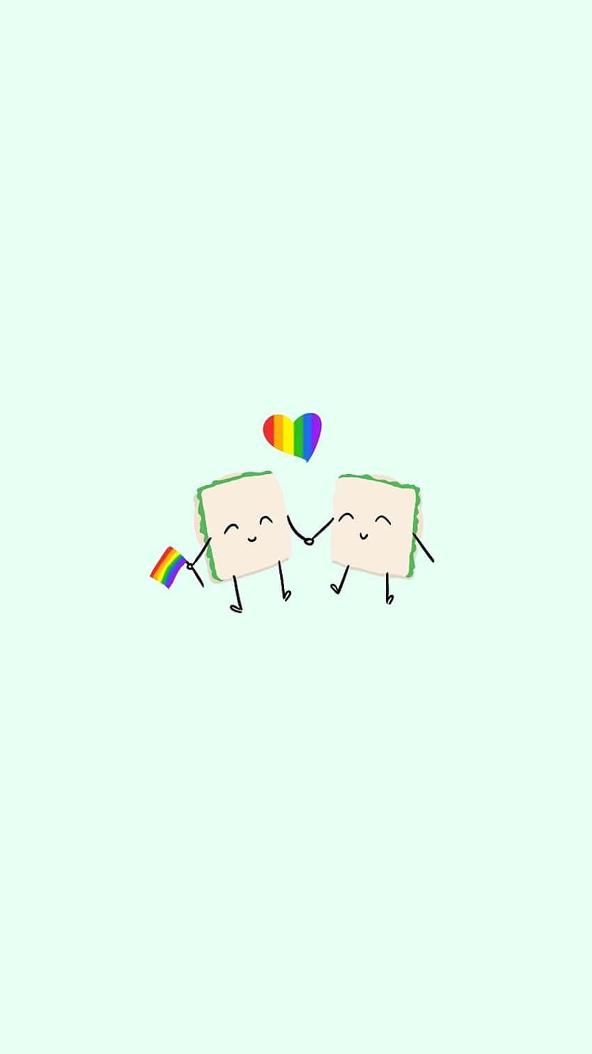 可愛LGBT三明治數位藝術 壁紙 — 兩塊可愛的三文治片手牽手，上面有彩虹旗和一個心形，背景是薄荷綠色。