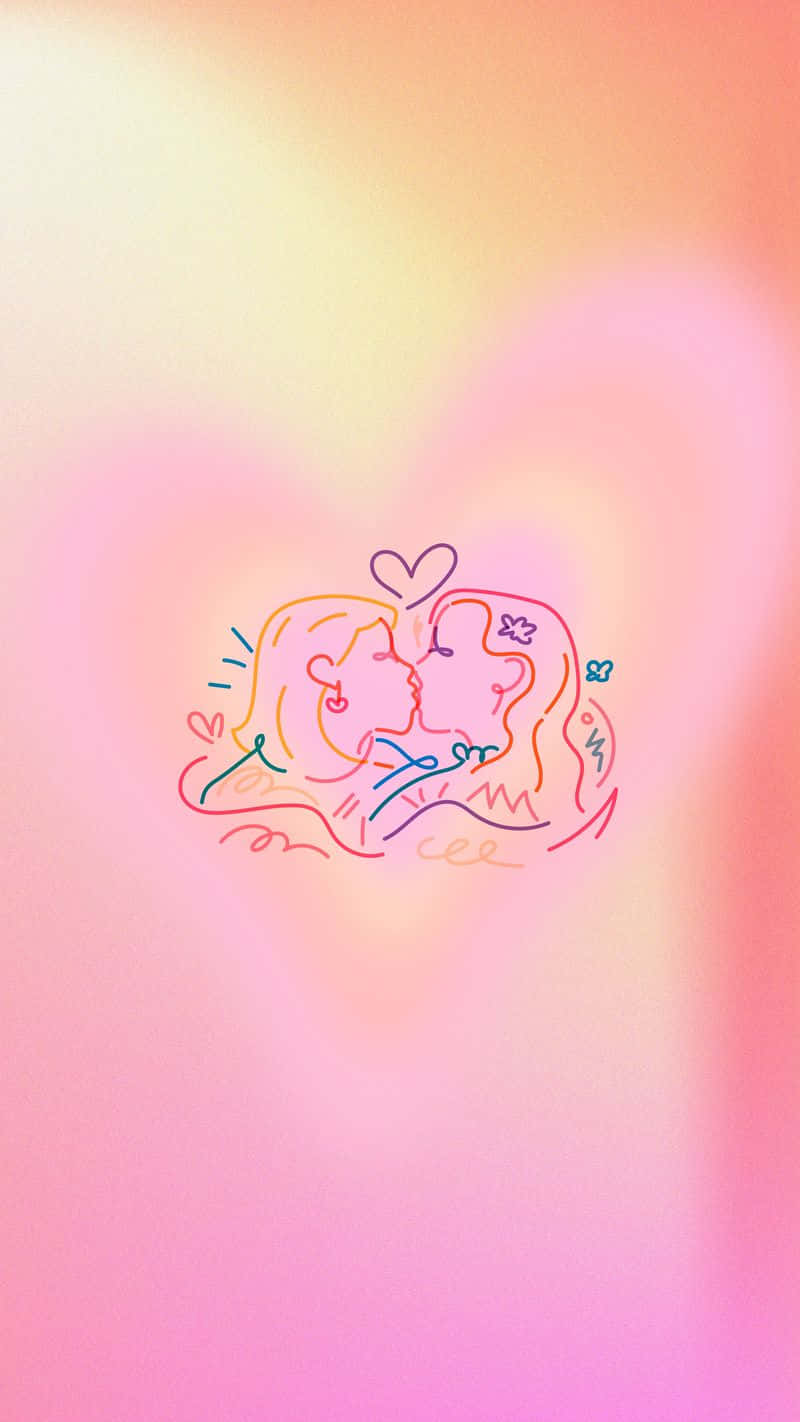 可愛LGBT女同性戀情侶親吻美學 壁紙 — 兩個風格化的戀人在柔和漸變心形背景中接吻，帶有粉彩粉紅色和黃色色調。
