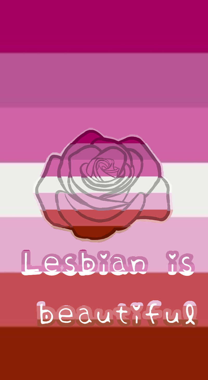 可愛LGBT女同性戀旗幟與玫瑰 壁紙 — 一朵風格化的玫瑰居中在粉紅、白和紅條紋背景上，下方有文字「Lesbian is beautiful」。