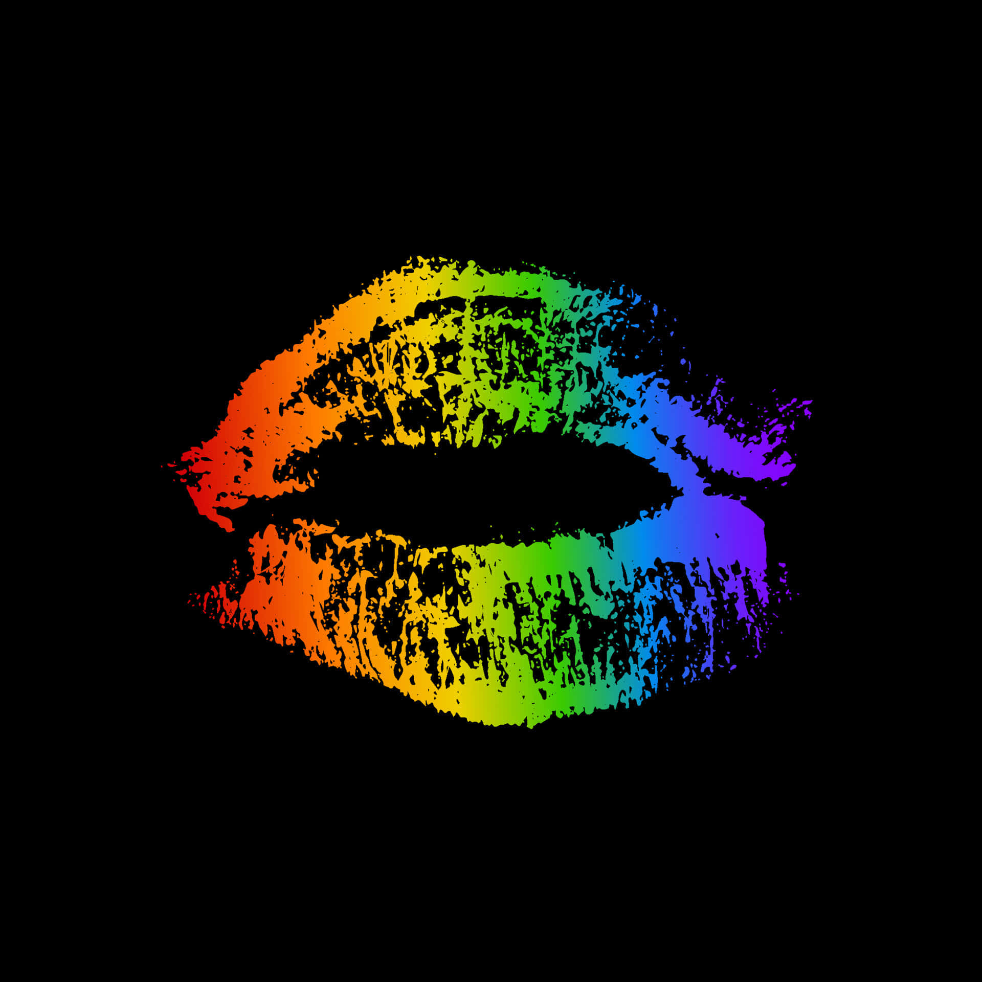 可愛LGBT彩虹口紅吻印 壁紙 — 充滿活力的彩虹唇，帶有紋理筆觸效果，襯托在純黑背景上。