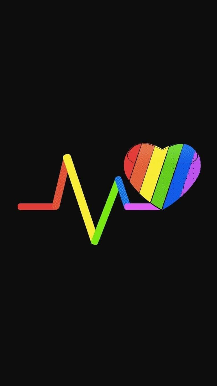 可愛LGBT彩虹心跳數位藝術 壁紙 — 一個充滿活力的彩虹心臟在純黑背景上，隨著色彩繽紛的心跳線跳動。