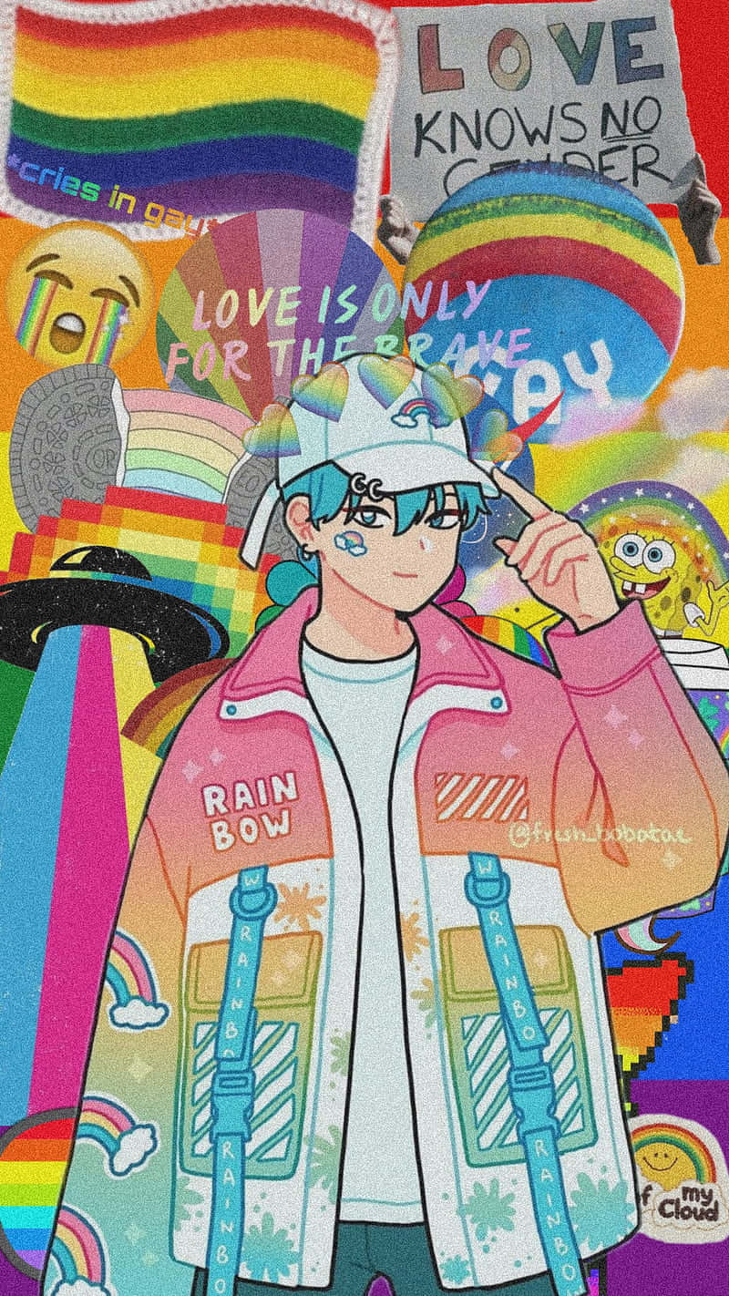 可愛LGBT男同性戀數位插畫 壁紙 — 一個穿著彩虹外套的充滿活力的動漫角色，站在LGBTQ+驕傲象徵和流行文化圖標的拼貼畫中。