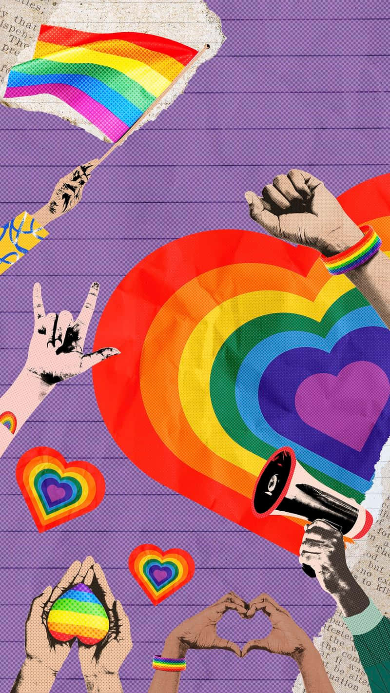 可愛LGBT驕傲向量藝術 壁紙 — 鮮豔的彩虹旗、心形和拳頭在紫色網格背景上以大膽的普普藝術拼貼畫升起。