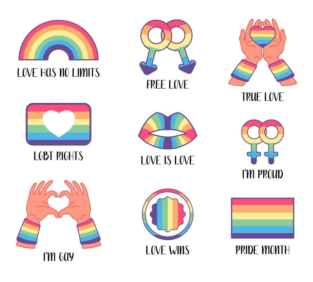 可愛LGBT驕傲符號向量藝術 壁紙 — 一系列色彩繽紛的彩虹主題圖標，推廣 LGBTQ+ 驕傲與愛，附有「愛無界限」和「我自豪」等語句。