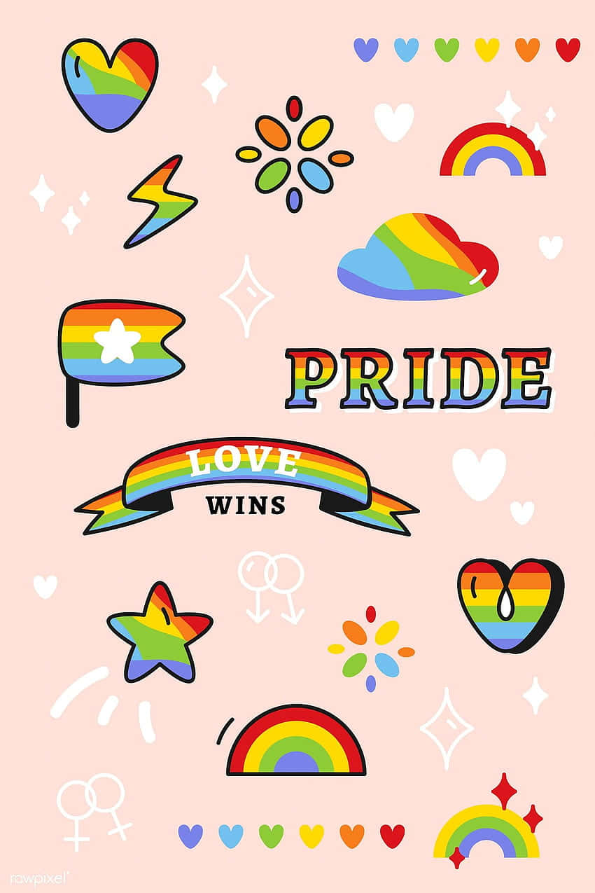 可愛LGBT驕傲風藝術向量圖 壁紙 — 一個歡樂的粉紅色背景，裝飾著色彩繽紛的彩虹圖標、心形、旗幟以及「PRIDE」和「LOVE WINS」字樣。