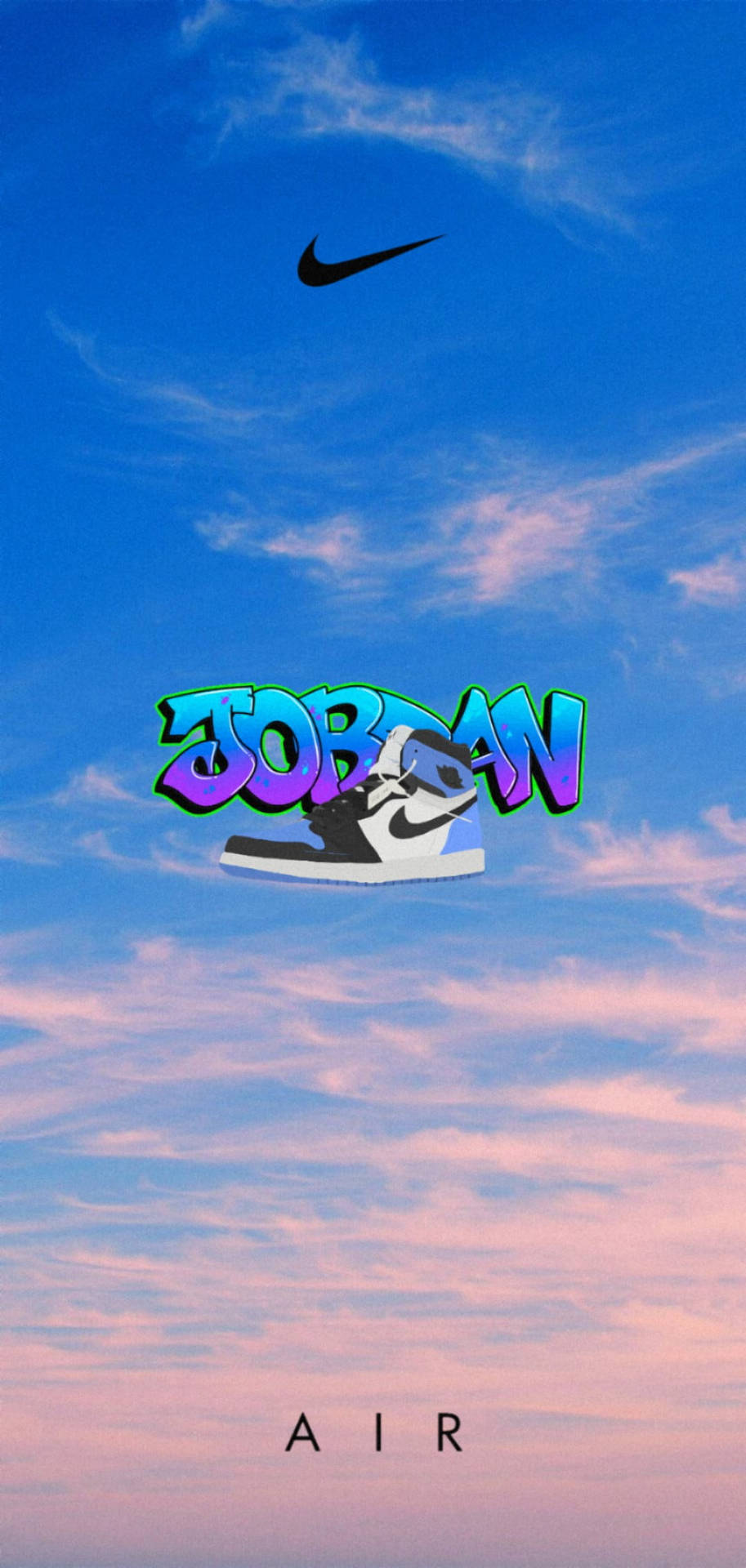 一個Jordan運動鞋圖案在色彩繽紛的天空中飄浮，帶有Nike品牌標誌。