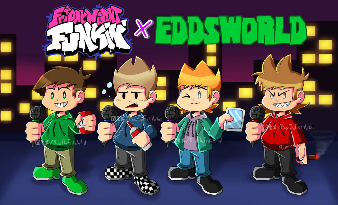 可愛Q版Eddsworld角色 壁紙 — 四個卡通角色手持咪高峰，站在紫色夜空下閃耀的城市天際線前。