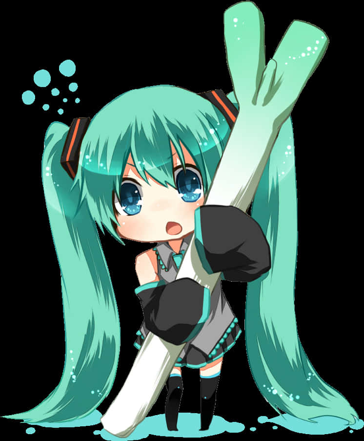 可愛Q版初音未來姿勢 壁紙 — Chibi動漫女孩，擁有藍綠色辮子和藍色眼睛，在黑色背景上拿著一個大型白色麥克風，周圍有漂浮的氣泡。