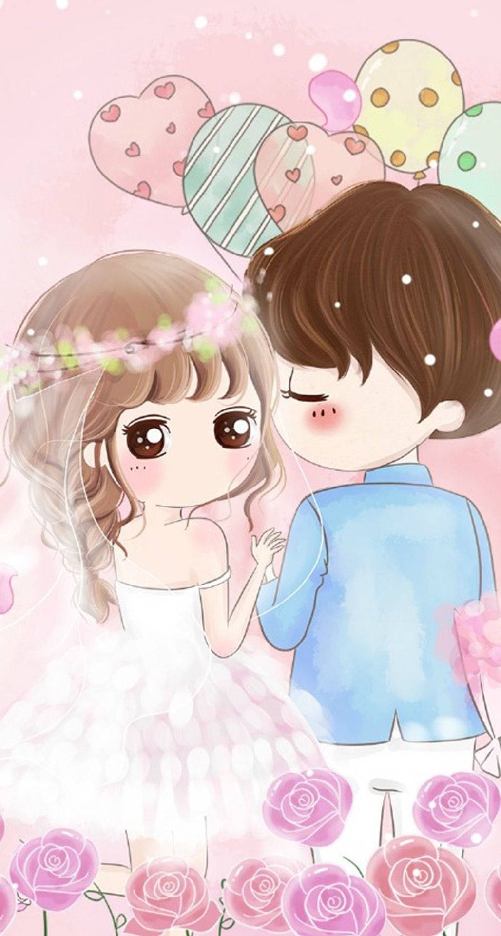 可愛Q版情侶穿婚紗禮服 壁紙 — 一個可愛的動漫情侶穿著婚禮服裝，在漂浮的心形氣球下手牽手，周圍環繞著粉紅玫瑰。