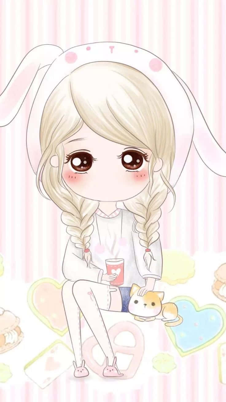 可愛Q版美女藝術照片 壁紙 — 一個可愛的動漫女孩，戴著兔耳和辮子，坐在一隻小貓旁邊，拿著飲料，背景是粉彩條紋。