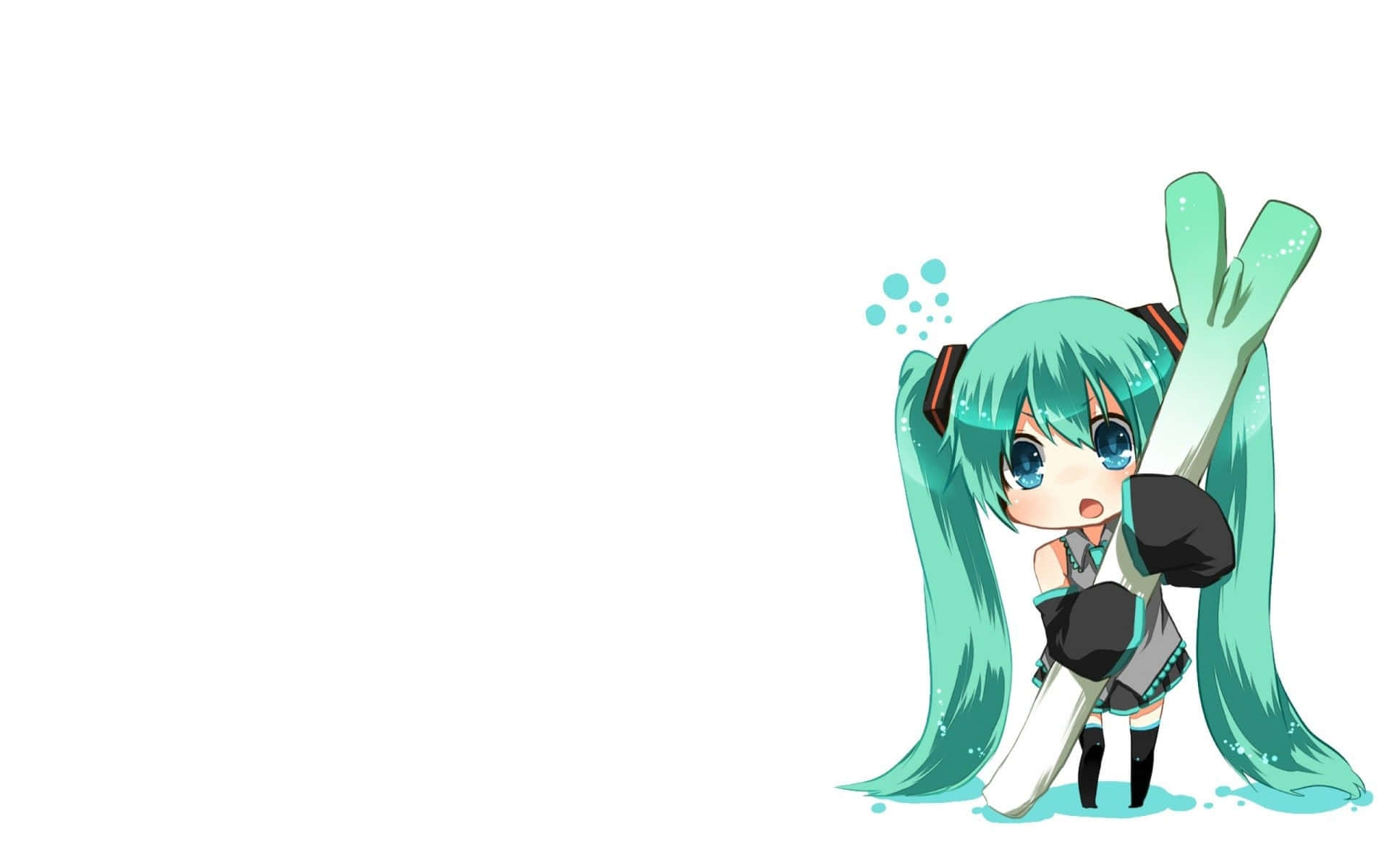 Chibi Hatsune Miku 拿著滑雪板，藍綠色頭髮，藍色眼睛。