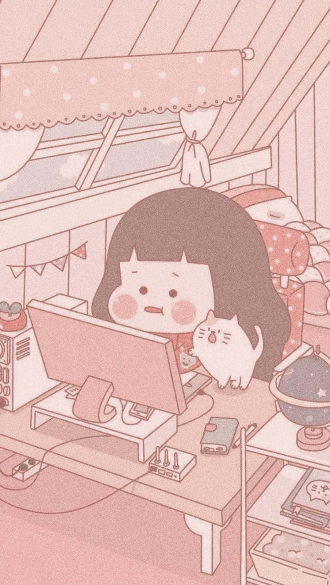 女孩與貓在粉紅色閣樓房間的書桌前工作 — 可愛風格 壁紙