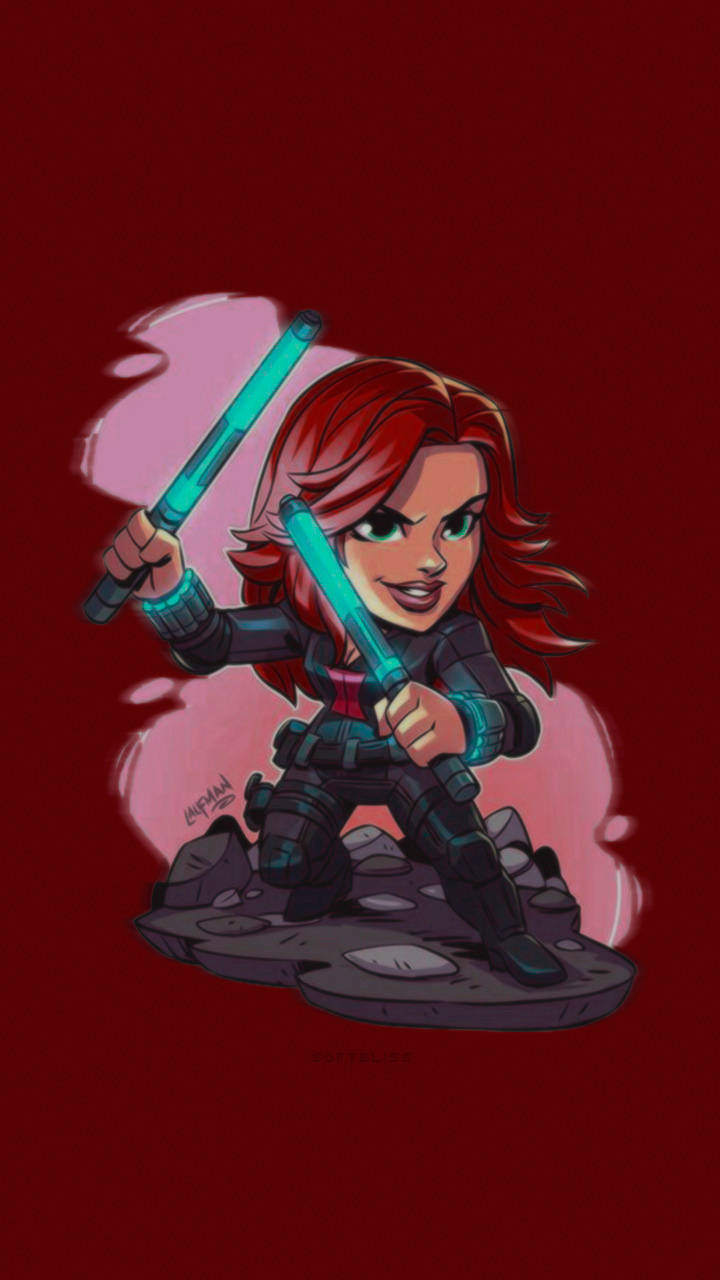 Chibi Black Widow 在岩石平台上揮舞發光藍色汎合金刀刃。